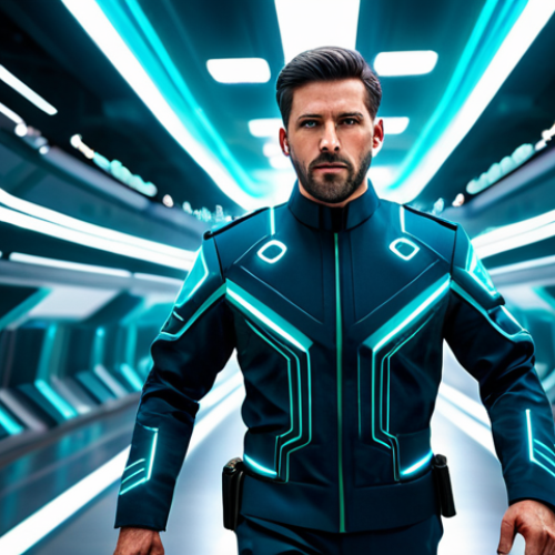 A dynamic male figure, representing the concept of tactical misdirection, in a stylish, professional dark-blue and teal uniform with subtle digital patterns, fully clothed, appropriate attire, caught in a motion blur as if mid-teleportation within a high-tech, futuristic arena with glowing geometric light lines. The figure's expression is focused and strategic, conveying cleverness. Perfect anatomy, correct proportions, natural pose, well-formed hands, proper finger count, natural body proportions. Professional photography, sharp focus, vibrant colors, cinematic lighting, safe for work, appropriate content, family-friendly.