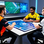 A diverse group of four professional esports players, fully clothed in modern, modest team jerseys, are engaged in a strategic discussion. They are gathered around a sleek, futuristic table in a clean, brightly lit esports training room. A holographic display above the table shows abstract data visualizations representing game economy and team resources. Players have serious, focused expressions, gesturing thoughtfully. Well-formed hands, correct proportions, natural pose, professional photography, high quality, sharp focus, natural lighting, safe for work, appropriate content, fully clothed, professional dress.
