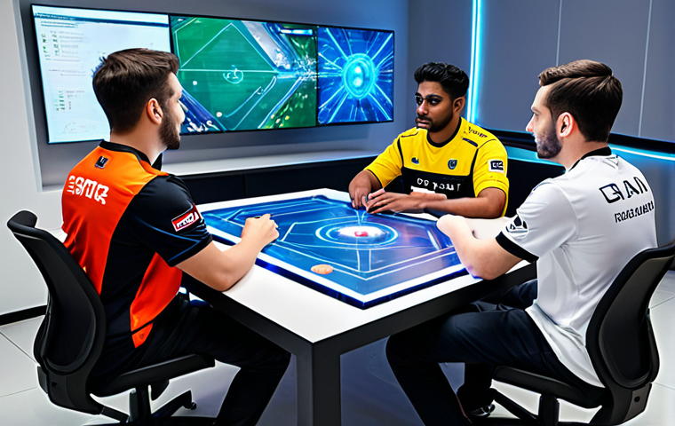 A diverse group of four professional esports players, fully clothed in modern, modest team jerseys, are engaged in a strategic discussion. They are gathered around a sleek, futuristic table in a clean, brightly lit esports training room. A holographic display above the table shows abstract data visualizations representing game economy and team resources. Players have serious, focused expressions, gesturing thoughtfully. Well-formed hands, correct proportions, natural pose, professional photography, high quality, sharp focus, natural lighting, safe for work, appropriate content, fully clothed, professional dress.