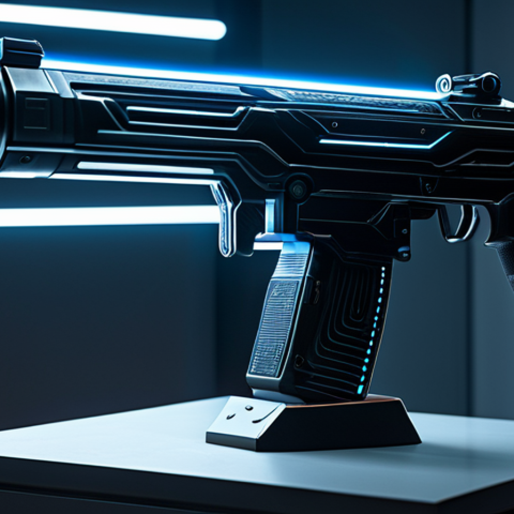 A meticulously designed, professional-grade futuristic weapon skin, featuring intricate glowing lines and ethereal particle effects. The weapon exhibits sleek, metallic surfaces combined with translucent elements that hint at advanced technology. Subtle, dynamic animations are implied, showcasing a sense of fluid energy. Displayed on a minimalist pedestal in a dimly lit, high-tech gallery space, with soft spotlights highlighting its sophisticated details. Ultra-detailed, realistic rendering, professional studio lighting, high resolution, perfect craftsmanship, safe for work, appropriate content, professional, family-friendly.
