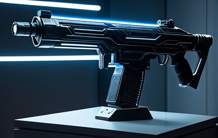 A meticulously designed, professional-grade futuristic weapon skin, featuring intricate glowing lines and ethereal particle effects. The weapon exhibits sleek, metallic surfaces combined with translucent elements that hint at advanced technology. Subtle, dynamic animations are implied, showcasing a sense of fluid energy. Displayed on a minimalist pedestal in a dimly lit, high-tech gallery space, with soft spotlights highlighting its sophisticated details. Ultra-detailed, realistic rendering, professional studio lighting, high resolution, perfect craftsmanship, safe for work, appropriate content, professional, family-friendly.