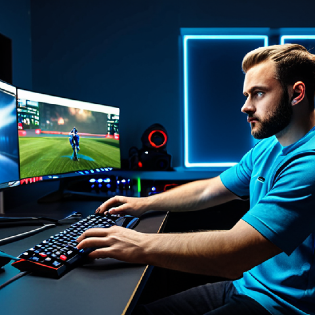 ** "A Valorant player in appropriate gaming attire, fully clothed, intensely focused on their monitor, surrounded by gaming equipment, in a modern gaming room. Safe for work, professional gamer, perfect anatomy, natural proportions, high quality, appropriate content, well-lit." **