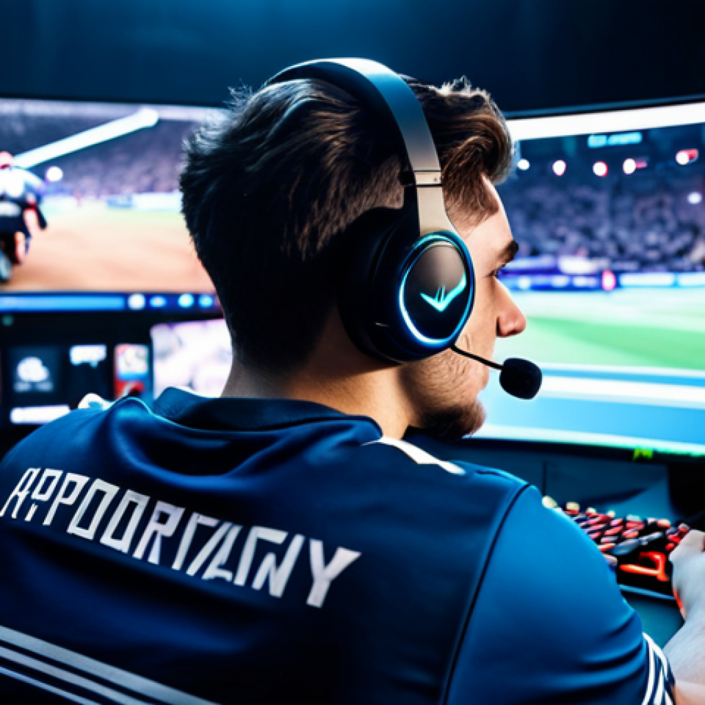** A professional e-sports player, wearing a branded team jersey and headset, fully clothed, focused intently on multiple monitors displaying VALORANT gameplay. Background shows a brightly lit, modern gaming arena with cheering fans (blurred in the distance). Safe for work, appropriate content, professional gamer, perfect anatomy, correct proportions, well-formed hands, natural pose, high quality. **