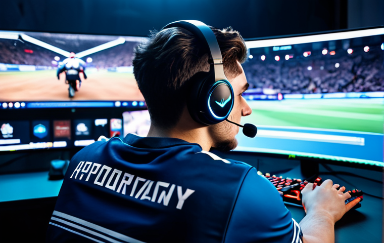 ** A professional e-sports player, wearing a branded team jersey and headset, fully clothed, focused intently on multiple monitors displaying VALORANT gameplay. Background shows a brightly lit, modern gaming arena with cheering fans (blurred in the distance). Safe for work, appropriate content, professional gamer, perfect anatomy, correct proportions, well-formed hands, natural pose, high quality. **