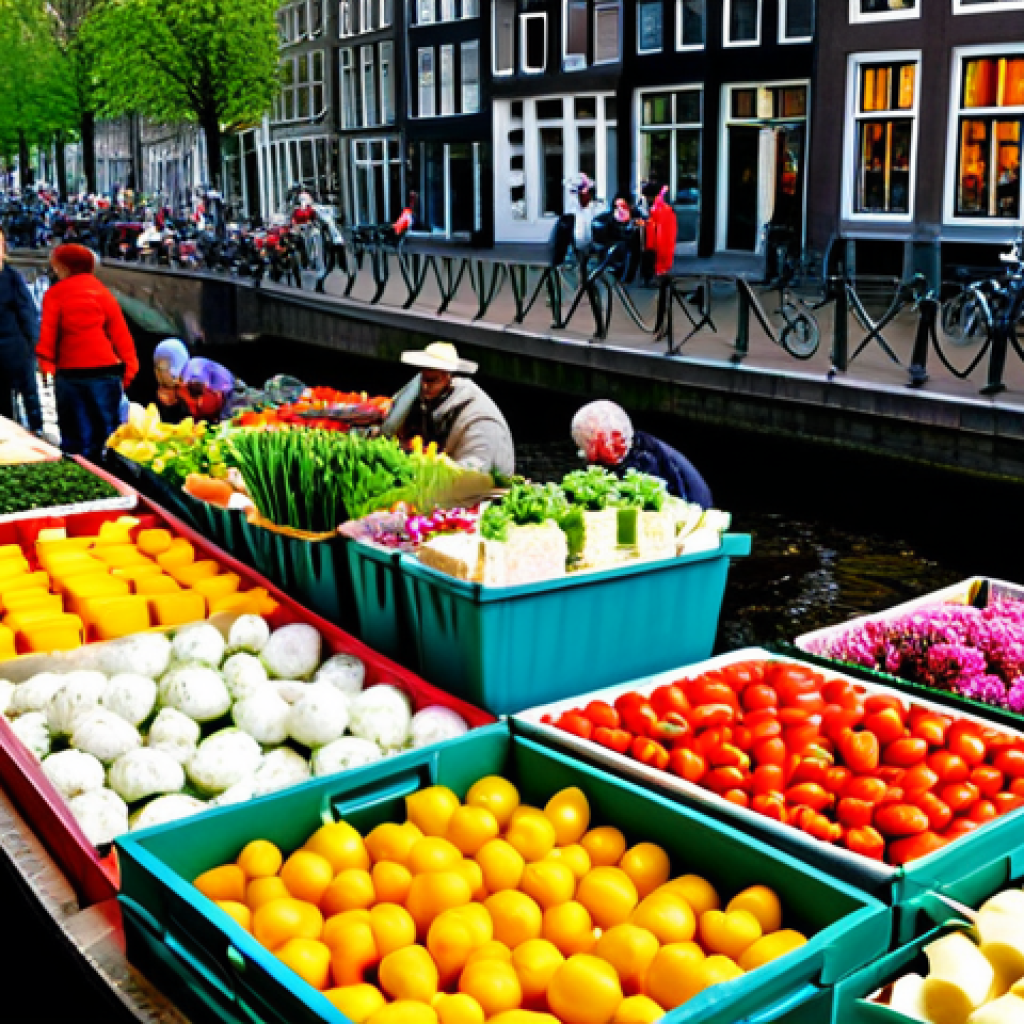 Bustling Amsterdam Market** "A vibrant and colorful market scene in Amsterdam, Netherlands, featuring vendors selling fresh flowers, cheese, and local crafts, fully clothed people browsing the stalls, canal in the background, appropriate attire, safe for work, perfect anatomy, natural proportions, professional photography, high quality, family-friendly." **