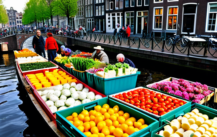 Bustling Amsterdam Market** "A vibrant and colorful market scene in Amsterdam, Netherlands, featuring vendors selling fresh flowers, cheese, and local crafts, fully clothed people browsing the stalls, canal in the background, appropriate attire, safe for work, perfect anatomy, natural proportions, professional photography, high quality, family-friendly." **