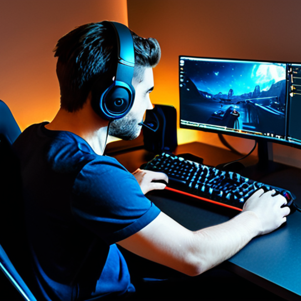** A Valorant player intensely focused, wearing a gaming headset, sitting at a desk with a gaming mouse and keyboard. The screen shows Aim Lab training software. The room is dimly lit with RGB lighting accents. He is wearing a casual t-shirt and is fully clothed. Safe for work, appropriate content, professional gaming setup, natural proportions, well-formed hands, modest attire. **