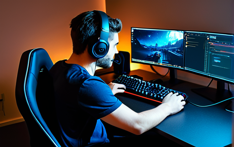 ** A Valorant player intensely focused, wearing a gaming headset, sitting at a desk with a gaming mouse and keyboard. The screen shows Aim Lab training software. The room is dimly lit with RGB lighting accents. He is wearing a casual t-shirt and is fully clothed. Safe for work, appropriate content, professional gaming setup, natural proportions, well-formed hands, modest attire. **
