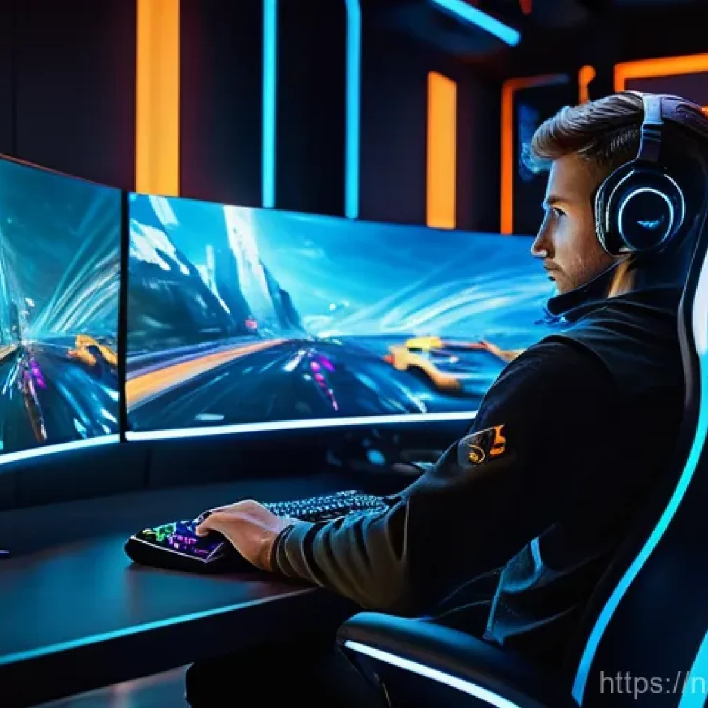 발로란트 신규 콘텐츠와의 조화 - A futuristic gamer, fully clothed in sleek, dark, athletic wear with illuminated accents, is deeply ...