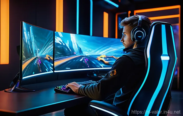발로란트 신규 콘텐츠와의 조화 - A futuristic gamer, fully clothed in sleek, dark, athletic wear with illuminated accents, is deeply ...