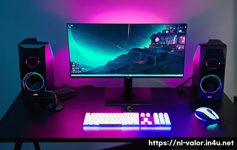 발로란트 최고 효율 장비 - **Prompt:** A high-angle shot showcasing a meticulously optimized gaming setup for Valorant. In the ...