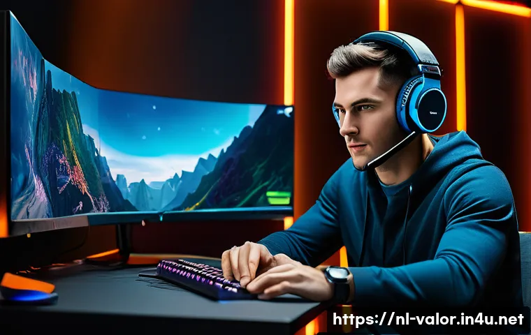 발로란트 초보를 위한 사운드 설정 - A highly detailed image of a gaming setup focused on sound optimization for Valorant, featuring a pr...