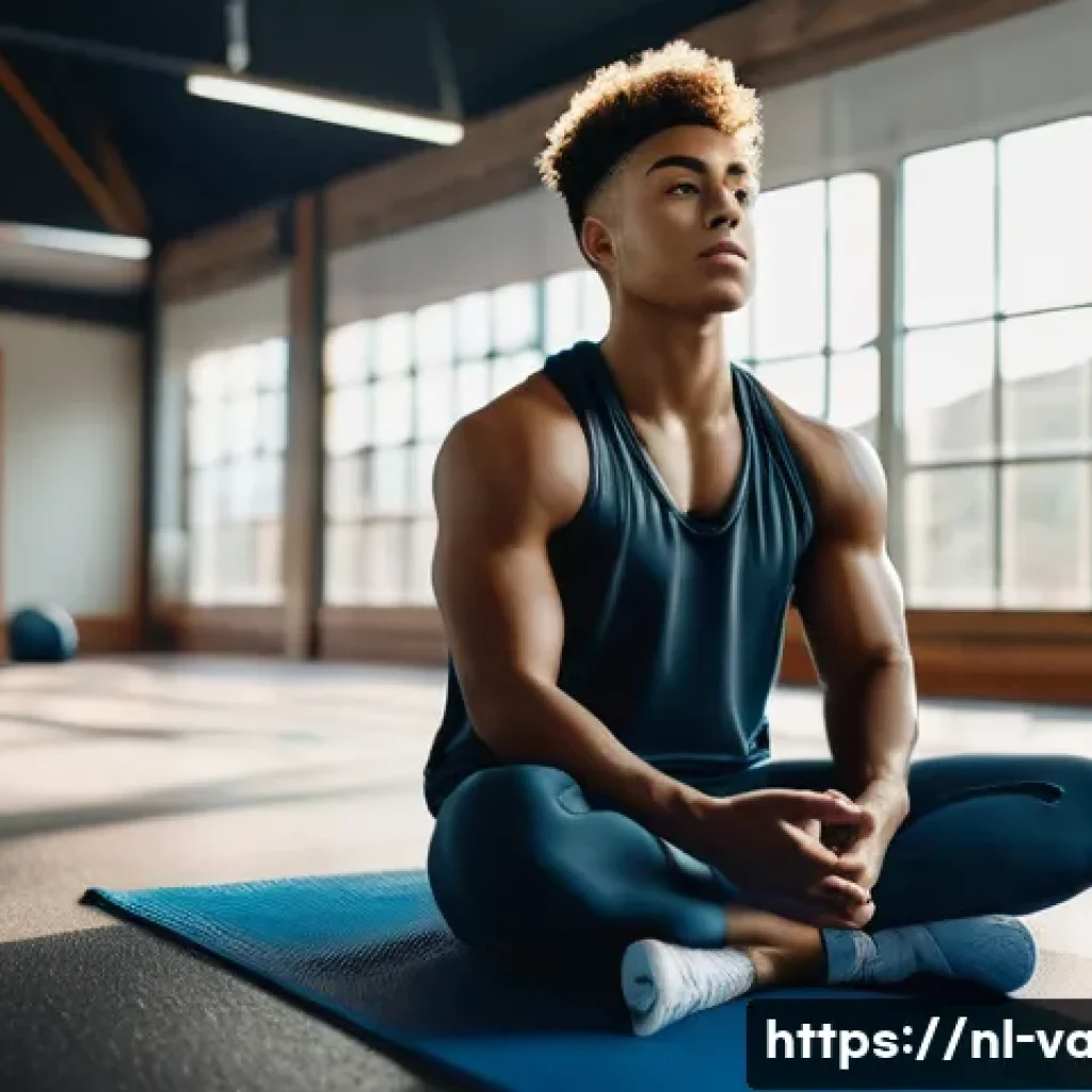 발로란트 실력 향상을 위한 멘탈 관리 - A focused young athlete sitting cross-legged on a gym floor, practicing deep breathing exercises wit...