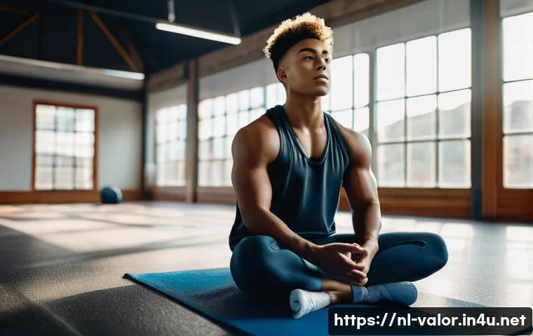 발로란트 실력 향상을 위한 멘탈 관리 - A focused young athlete sitting cross-legged on a gym floor, practicing deep breathing exercises wit...