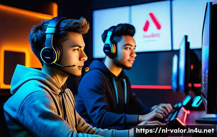 발로란트 새로운 팀 결성 가이드 - A dynamic esports team of four diverse young adults intensely communicating during a Valorant match ...