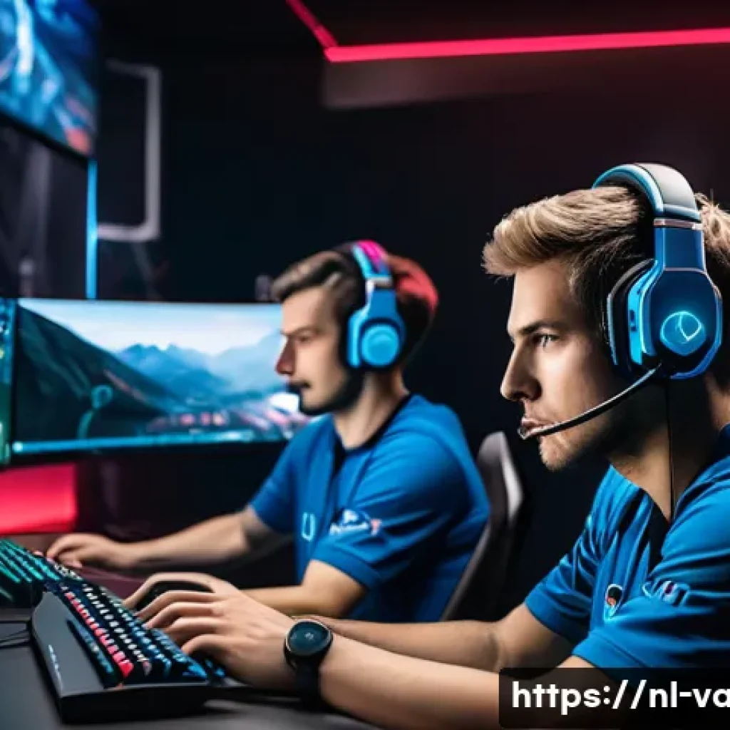 발로란트 프로팀과 아마추어팀 비교 - A professional esports training environment featuring a diverse team of adult players in a modern ga...