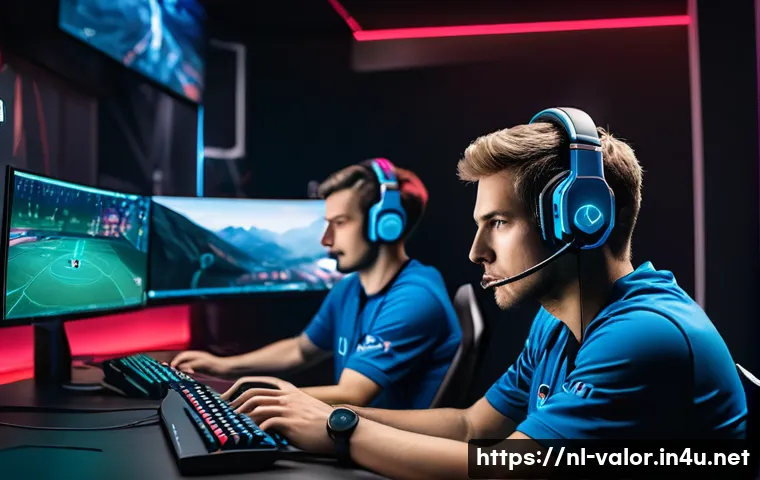발로란트 프로팀과 아마추어팀 비교 - A professional esports training environment featuring a diverse team of adult players in a modern ga...