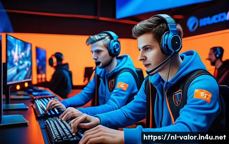 발로란트 유저와의 협력 콘텐츠 - A dynamic esports team mid-game in a futuristic European-style gaming arena, players wearing casual ...