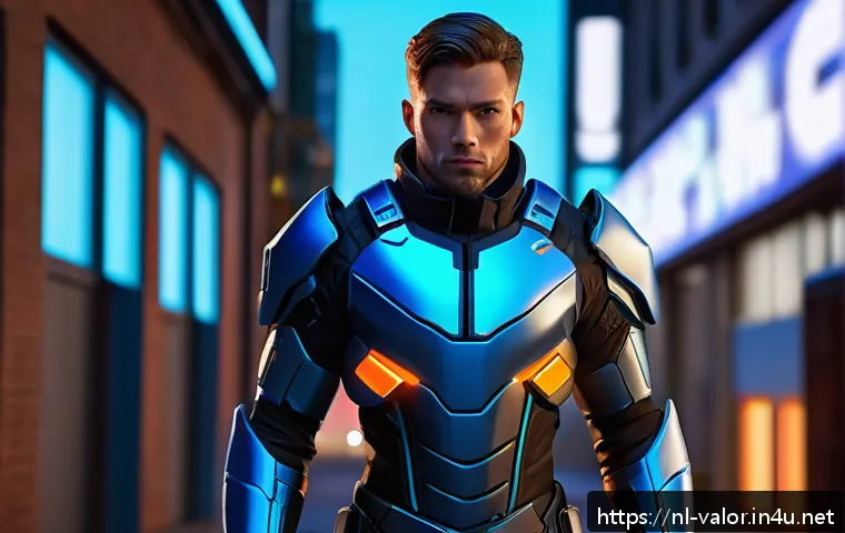 발로란트 코스튬 아이디어 - A futuristic Valorant character wearing a sleek, metallic outfit with neon blue and orange complemen...