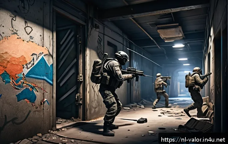 발로란트 신규 맵의 매력 - A detailed urban tactical map scene showcasing unexpected angles and elevated positions in a competi...