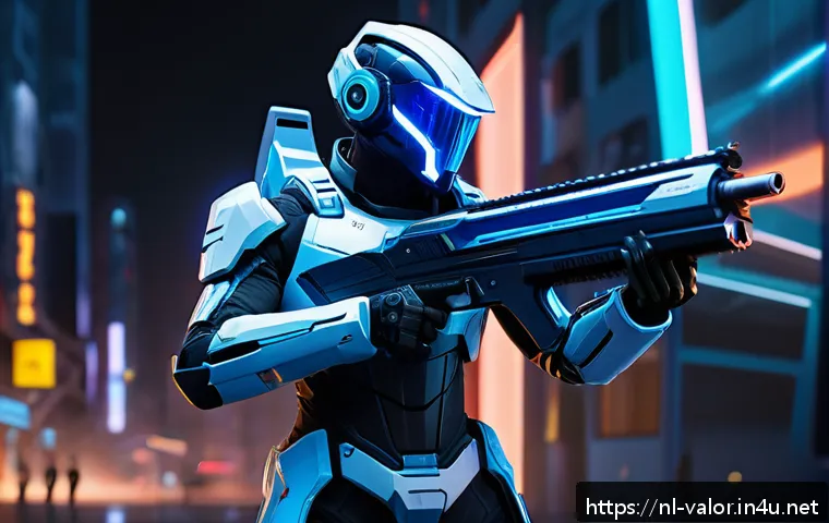 발로란트 프리미엄 스킨 구매 가이드 - A sleek, futuristic Valorant agent equipped with the Prime skin set, featuring vibrant neon blue and...