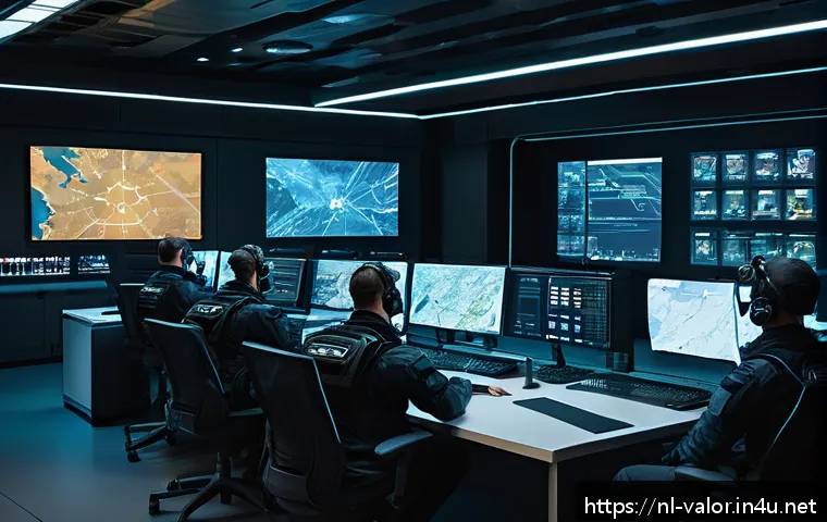 발로란트 방어 맵별 전략 - A dynamic Valorant team in a high-tech control room, coordinating defense strategies with clear comm...