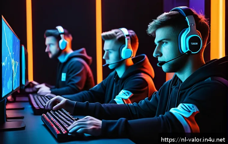발로란트 경기 중 필수 전략 - A dynamic esports team in a competitive Valorant match, featuring five diverse players communicating...