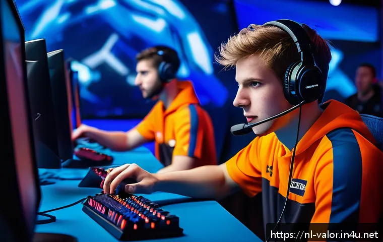 발로란트 글로벌 대회 하이라이트 - A dynamic esports arena scene during a Valorant world championship clutch moment: a focused young Du...