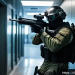 발로란트 총기별 장단점 분석 - A dynamic close-quarters combat scene inside a modern urban building hallway, featuring a nimble pla...
