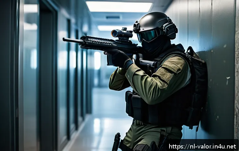 발로란트 총기별 장단점 분석 - A dynamic close-quarters combat scene inside a modern urban building hallway, featuring a nimble pla...