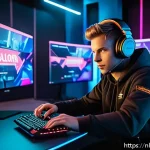 발로란트 신규 유저 웰컴 이벤트 - A dynamic, futuristic gaming scene showing a young Dutch player excitedly using a high-tech PC setup...