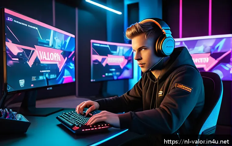 발로란트 신규 유저 웰컴 이벤트 - A dynamic, futuristic gaming scene showing a young Dutch player excitedly using a high-tech PC setup...