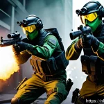 발로란트 신규 총기 데이터 - A dynamic Valorant battle scene set on a narrow map like Bind, featuring a tactical team in sleek, f...