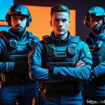 발로란트 시즌별 승률 변화 - A dynamic esports team scene featuring five diverse Valorant agents in tactical gear, each showcasin...