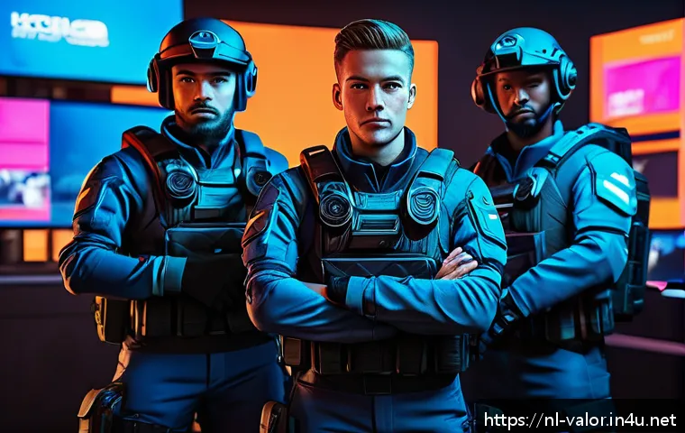 발로란트 시즌별 승률 변화 - A dynamic esports team scene featuring five diverse Valorant agents in tactical gear, each showcasin...