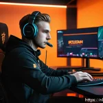 발로란트 유저 경험 콘텐츠 제작 - A dynamic esports gaming scene focused on a professional Valorant player analyzing gameplay on multi...