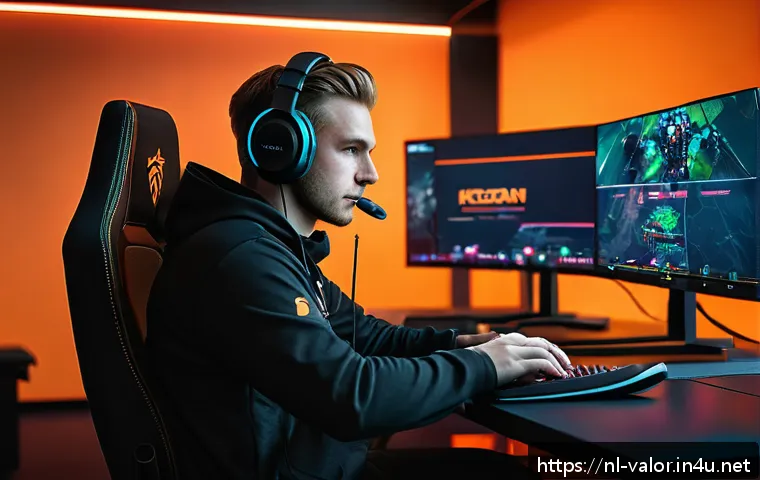 발로란트 유저 경험 콘텐츠 제작 - A dynamic esports gaming scene focused on a professional Valorant player analyzing gameplay on multi...