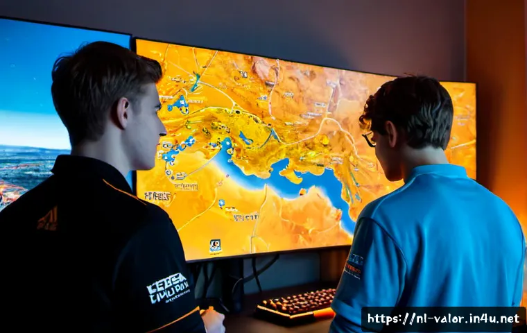 발로란트 기술 메타 변화 - Photorealistic Dutch esports team in a modern Amsterdam gaming studio, three focused young adult pla...