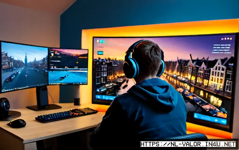 발로란트 새로운 콘텐츠의 매력 - Photorealistic Dutch esports fan discovering a new tactical hero shooter update on a widescreen moni...