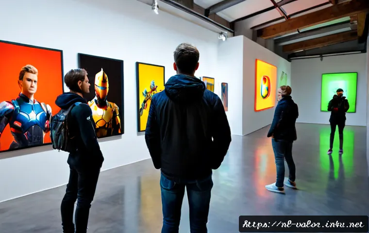 Home 17 발로란트 팬 아트 갤러리 - Photorealistic contemporary fan art gallery in Amsterdam, Dutch young adult visitors viewing large f...