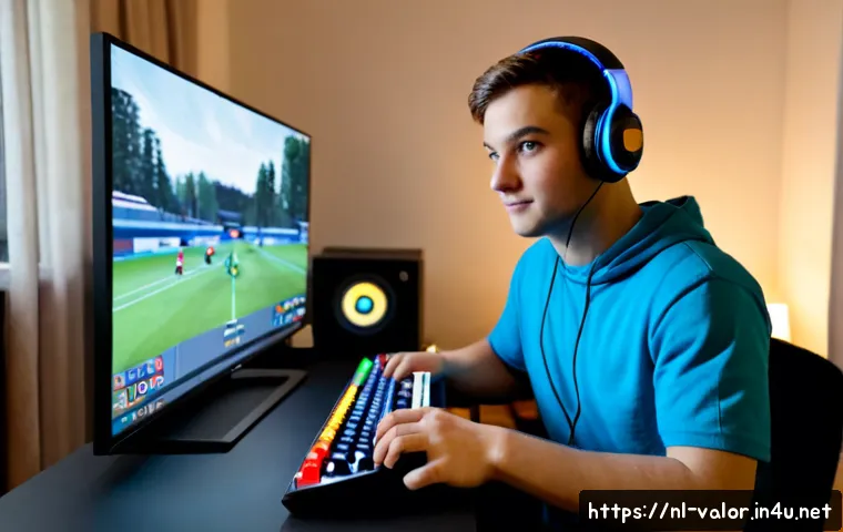 Home 30 발로란트 유저 리뷰 총평 - Photorealistic Dutch young adult gamer at a tidy home desk in Amsterdam, wearing headphones and thou...