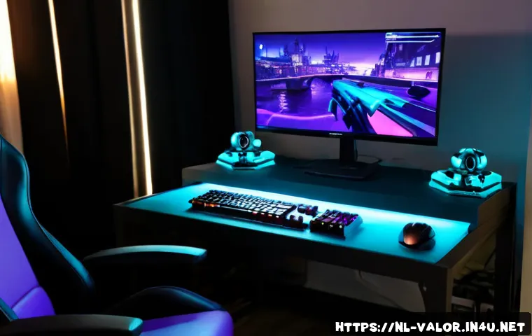 Home 17 발로란트 최고 인기 스킨 트렌드 - Photorealistic Dutch gaming desk setup in a modern Amsterdam apartment, widescreen monitor showing a...