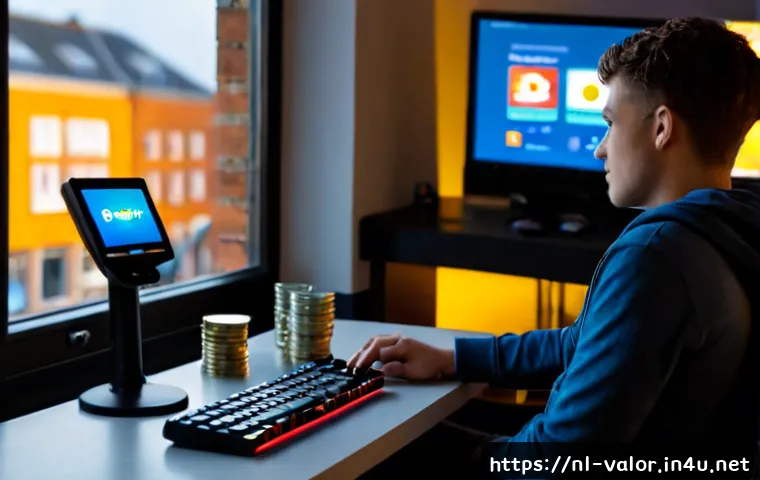 발로란트 포인트 적립 이벤트 - Photorealistic Dutch gaming enthusiast at a clean modern desk in Amsterdam, focused on a colorful co...